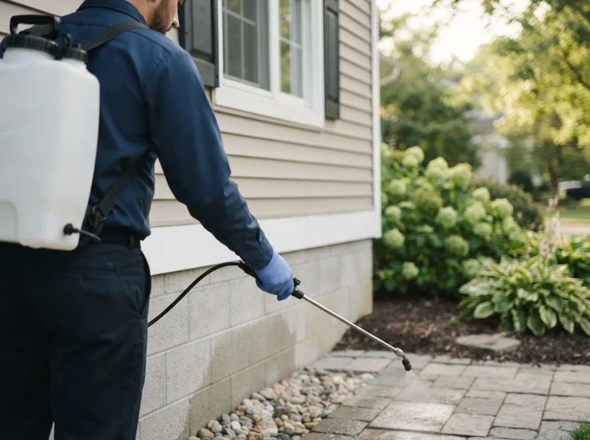 Pest control technician inspecting a home in Mount Perry, OH